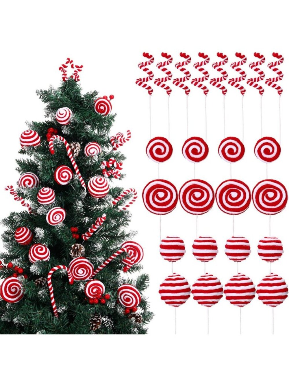 24 Pcs Candy Cane Christmas Tree Ornaments - Red & White Holiday Decor